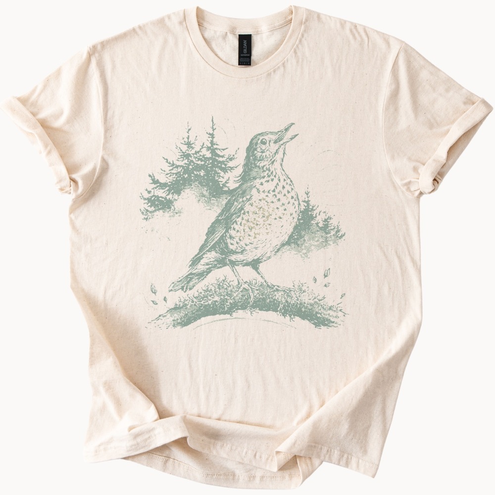 Woodcut Style Songbird Boho Tee